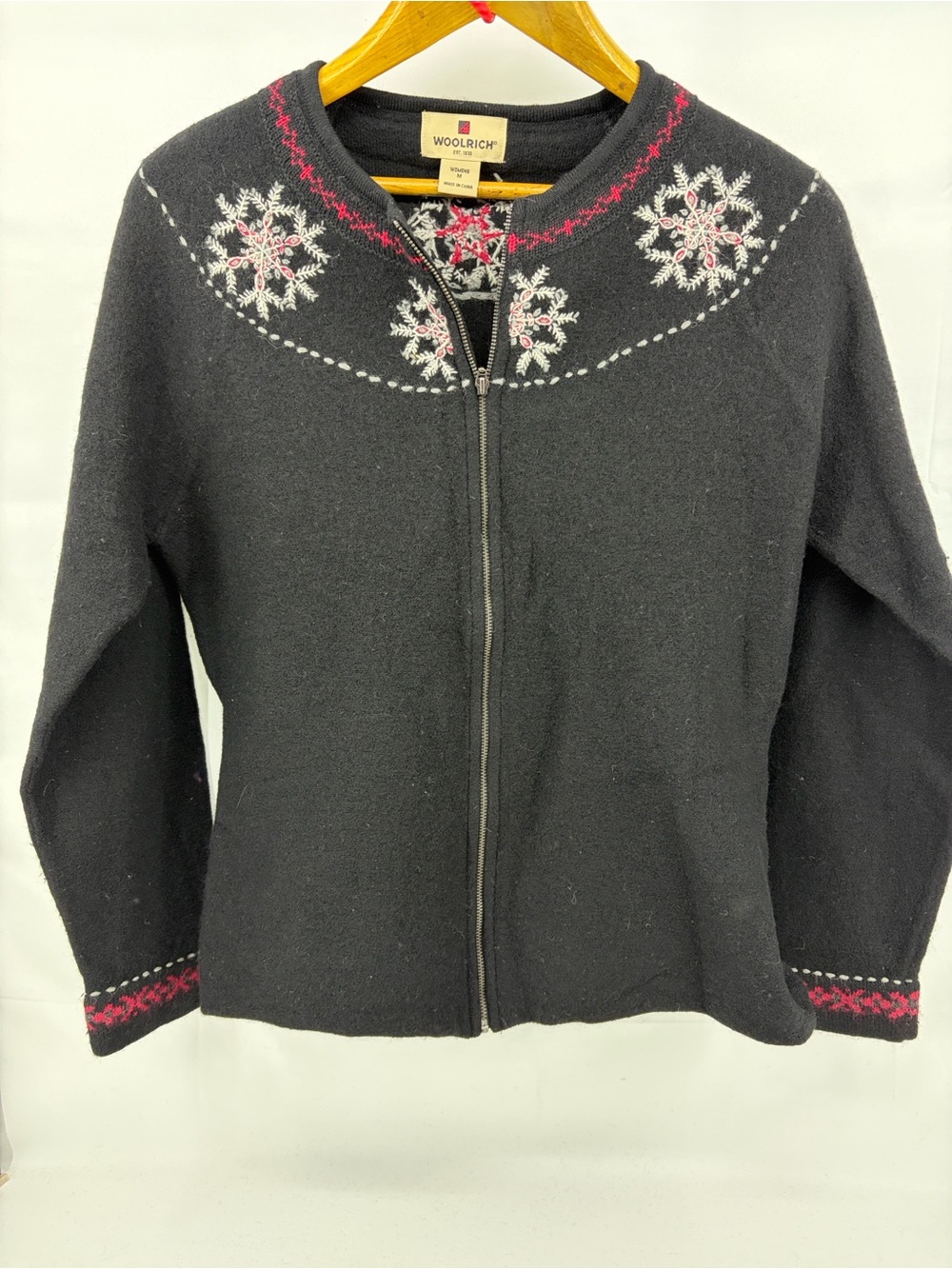Vintage Woolrich Black Wool Full-Zip Cardigan Embroidered Snowflake Sweater, M